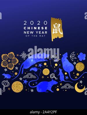 Chinese New Year 2020 greeting card of blue watercolor mouse animals, astrology symbols and traditional gold asian culture hand drawn icons. Calligrap Stock Vector