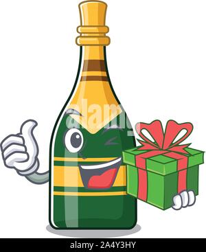With gift champagne bottle in the character fridge Stock Vector