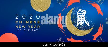 Chinese New Year 2020 banner of gold mouse animals around golden glitter moon, modern luxury asian holiday astrology  illustration. Calligraphy transl Stock Vector