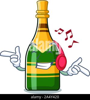 Listening music champagne bottle in the character fridge Stock Vector