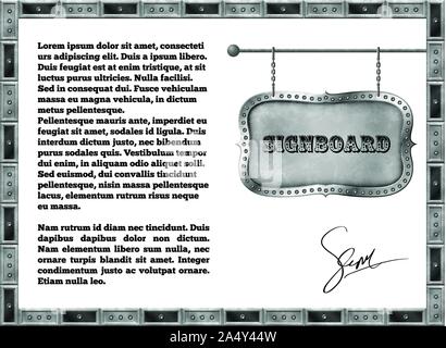 Retro card with metal signboard on chains Stock Vector
