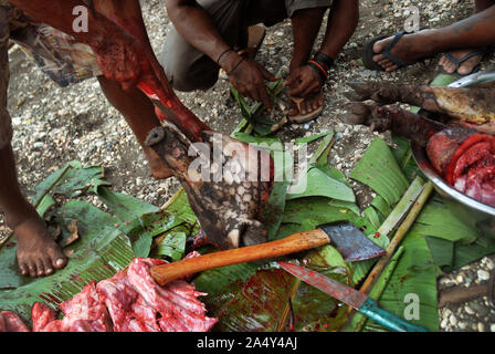 Men cutting up a newly slaughtered pig, Honiara, Solomon Islands. Stock Photo