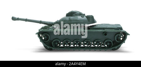 Green Plastic Tank Toy Side View Isolated on White Background. Stock Photo