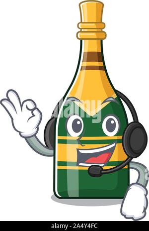 With headphone champagne bottle in the cartoon shape Stock Vector