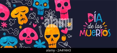Day of the dead web banner, colorful watercolor sugar skull with traditional hand drawn Mexico decoration. Dia de los muertos text in Spanish, skeleto Stock Vector