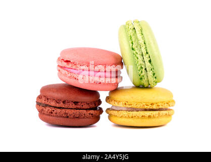 Sweet and colourful french macaroons or macaron on white background. Dessert Stock Photo