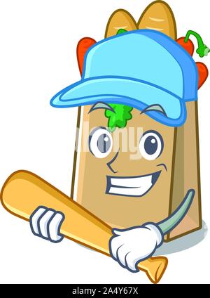 Playing baseball grocery bag with the mascot shape Stock Vector