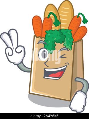 Two finger grocery bag in above cartoon table Stock Vector