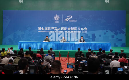 Wuhan, China's Hubei Province. 17th Oct, 2019. A press conference marking one-day countdown of the 7th CISM Military World Games is held in Wuhan, capital of central China's Hubei Province, Oct. 17, 2019. Credit: Wang Dongzhen/Xinhua/Alamy Live News Stock Photo