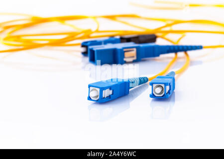 Fiber Optics connectors symbolic photo for fast internet connection ,Internet Service Provider equipment.broadband connection is  available everywhere Stock Photo