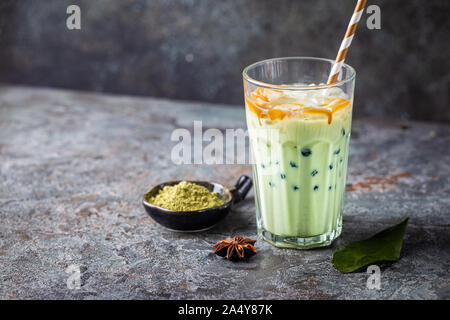 Matcha bubble tea with tapioca pearls in tall glasses Stock Photo