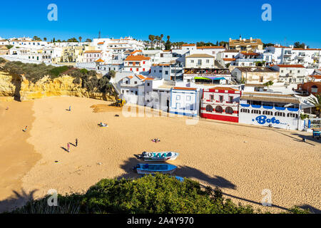 View of Carvoeiro, a pretty holiday village with a beautiful sandy beach, Algarve, Portugal Stock Photo