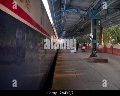 22 Mar 2019 Mumbai Pune Indrayani Express train halt at Karjat railway station in western ghats Maharashtra India Stock Photo