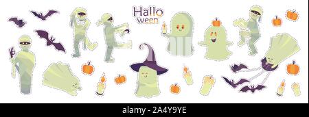 Set of Halloween stickers isolated on a white background. Collection of cute vector illustrations. Mummy zombie with purple skin and yellow glowing ey Stock Vector