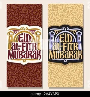 Vector greeting cards with muslim text Eid al-Fitr Mubarak, vertical banners with original decorative typeface for words eid al fitr mubarak, minarets Stock Vector