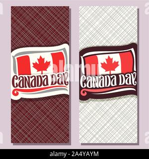 Vector greeting cards for Canada Day, vertical banners with national flag of canada with red maple leaf and original handwritten brush typeface for wo Stock Vector