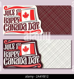 Vector greeting cards for Canada Day, invitation tickets with date of united - july 1st, national flag of canada with red maple leaf and original brus Stock Vector