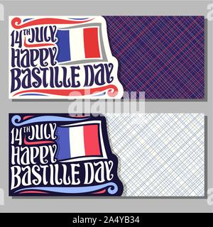 Vector greeting cards for Bastille Day in France, invitation tickets for patriotic holiday of france with date 14th july, original brush typeface for Stock Vector