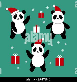 Christmas set of three cute panda bears. Cartoon animals with presents and snowflakes isolated on green background. Vector illustartion. Stock Vector