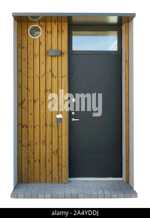 New standard gray steel armed door in low cost house. Isolated on white Stock Photo
