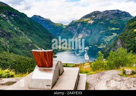 Beautiful aerial landscape view Geiranger village, harbor and fjord in More og Romsdal county in Norway. Stock Photo