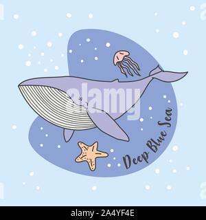 Blue Whale. Jelly Fish in Blue Sea Seamless Pattern vector illustration ...