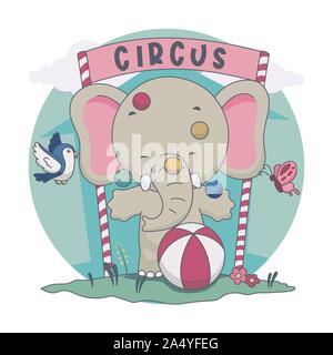 Elephant playing ball in the circus. With Bird, butterfly vector illustration. Stock Vector