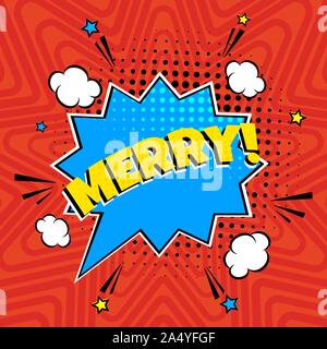 Comic Lettering Merry In The Speech Bubbles Comic Style Flat Design. Dynamic Pop Art Vector Illustration Isolated On Rays Background. Exclamation Conc Stock Vector