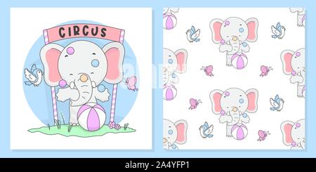 Cute Circus Elephant Illustration with pattern seamless. vector Illustration ready for print. Stock Vector