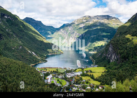 Beautiful aerial landscape view Geiranger village, harbor and fjord in More og Romsdal county in Norway. Stock Photo