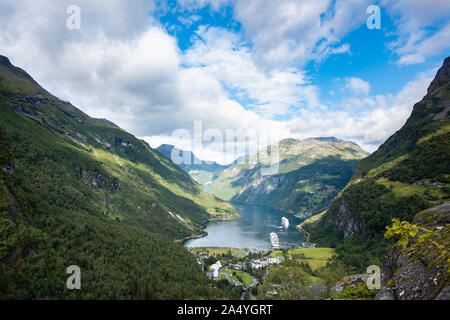 Beautiful aerial landscape view Geiranger village, harbor and fjord in More og Romsdal county in Norway. Stock Photo