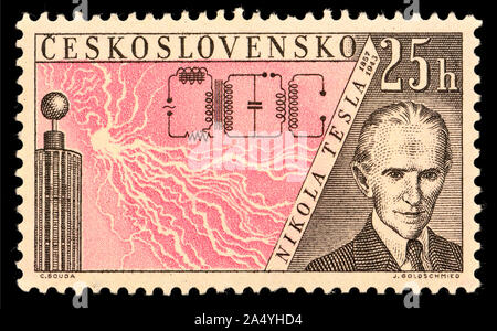 Czech postage stamp (1959) : 'Radioinventors' series. Nikola Tesla (1856-1943)  Serbian/American inventor and electrical engineer,best known for his... Stock Photo