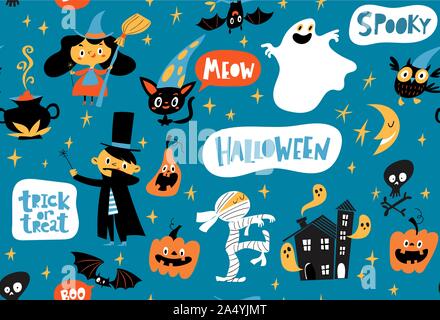 Vector seamless pattern for Halloween with funny cartoon characters. Stock Vector