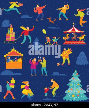 Winter seamless pattern with people for Christmas Stock Vector