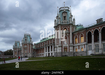 Moscow, Russia, 09.30.2019. Park Tsaritsyno . Magnificent Gothic castle of red brick with a blue roof decorated with white columns Stock Photo