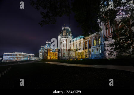 Moscow, Russia, 09.30.2019. Park Tsaritsyno . Magnificent Gothic castle of red brick with a blue roof decorated with white columns Stock Photo