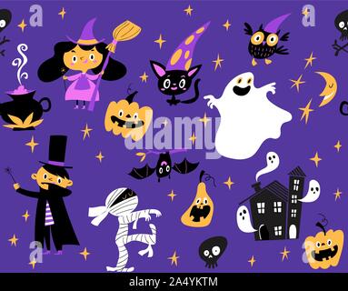 Vector seamless pattern for Halloween with funny cartoon characters. Stock Vector