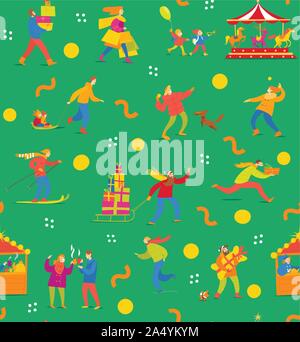 Winter seamless pattern with people for Christmas Stock Vector