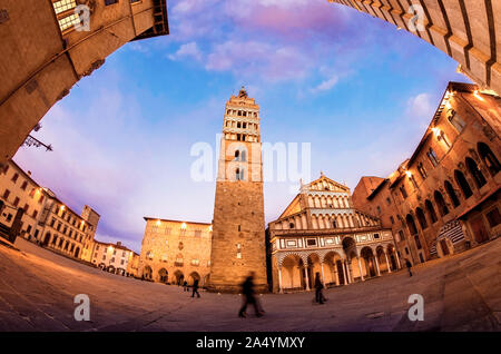 Pistoia, Tuscany, Italy the big main square of the town Piazza Duomo in a beautiful fisheye panorama view in the blue hour with its monuments Stock Photo