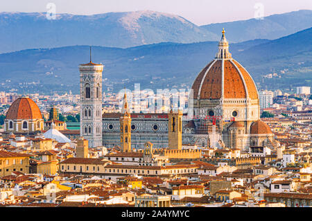 Florence, Tuscany, Italy detailed view from above of the world famous cathedral with beautiful Brunelleschi Dome and Giotto bell tower monuments Stock Photo