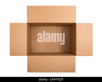Opened cardboard box isolated on white background. View from above Stock Photo
