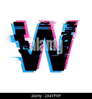 Letter W distorted neon glitch effect text font. 3D Render Stock Photo