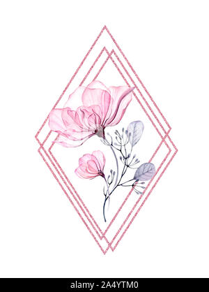 Watercolor Transparent Rose rhomb frame with pink glitter. Vertical arrangement with big flowers, leaves and shiny foil. Hand-painted floral Stock Photo