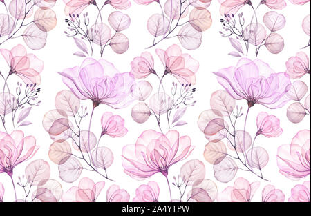 Transparent rose watercolor seamless pattern. Hand drawn floral vintage illustration for wedding design, surface, textile, wallpaper Stock Photo