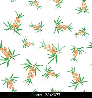 Sea buckthorn, branch with berries. Seamless pattern. Vector illustration, flat style. Food, dessert, medicine Stock Vector