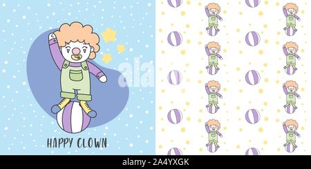 Happy Clown playing Ball and Seamless Pattern vector Illustration. Stock Vector