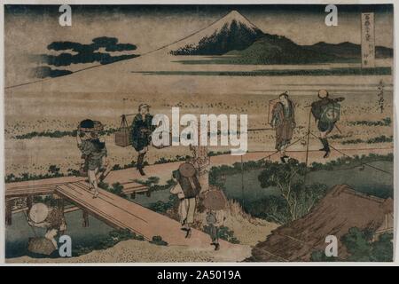 A View of Mount Fuji and Travellers by a Bridge, ca. 1835. Here, Mount Fuji is seen across the fields known as Nakahara, just off the T kaid Road (the principal route along the eastern coast between Edo and Kyoto). In the foreground is the thatched roof of a shrine and a stone statue on the bank of the stream. Stock Photo