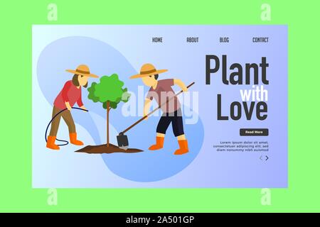 People plant tree Landing page. Men and women plant tree vector illustration. Stock Vector