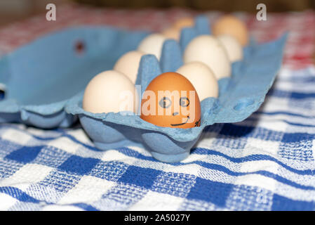 White chicken eggs in an open carton, funny one of ten eggs, brown.Close up. Stock Photo