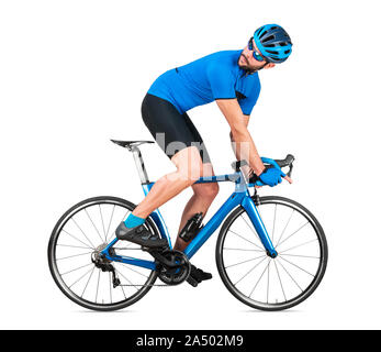 professional bicycle road racing cyclist racer  in blue sports jersey on light carbon race looking back behind.  sport training cycling concept isolat Stock Photo